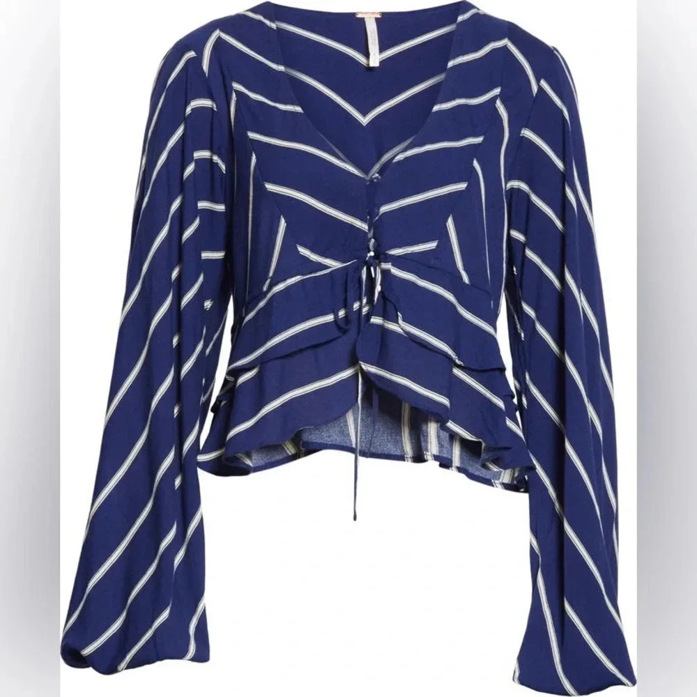 Free People Samifran Ruffle Peplum Cropped Top Blue White Stripes Size S